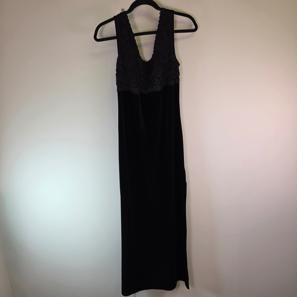 Vintage Black Velvet Soutache Lace V-Neck Sleeveless Maxi Dress Gown D176